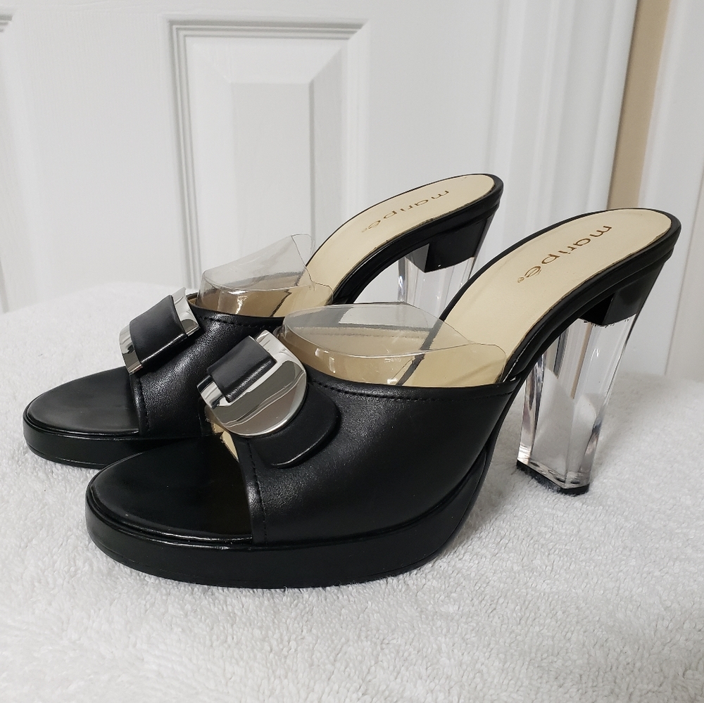 Vintage Maripe Breathless Black Leather Slip on Mules w/Acrylic Heels